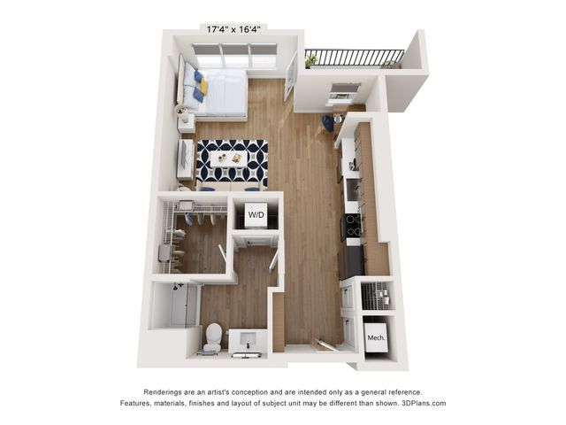 Modern 3D floor plan showcasing a spacious open-plan living and dining area, stylish kitchen with contemporary appliances, cozy bedroom, and a sleek bathroom. Features in-unit washer/dryer and a balcony view.