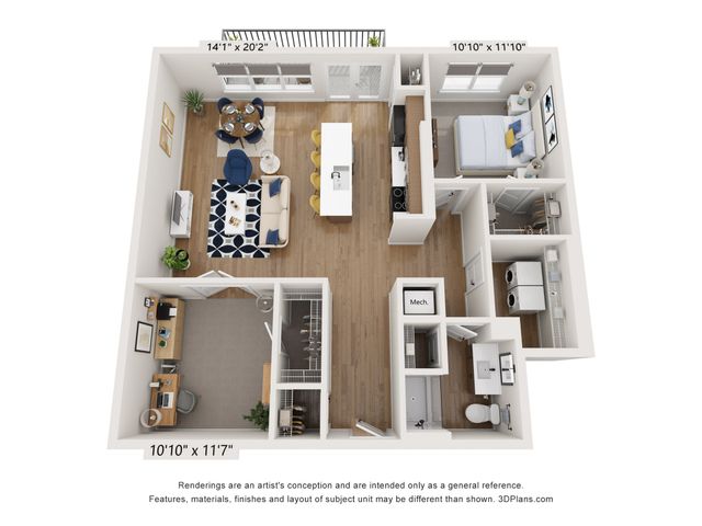 Bright 3D floor plan featuring a spacious living area, modern kitchen island, cozy bedroom with large windows, stylish home office, and sleek bathroom layout.