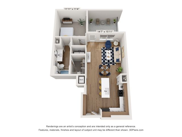 Modern 3D floor plan highlighting a spacious 1-bedroom apartment with a cozy balcony, open-concept kitchen, elegant living area, and stylish bathroom.