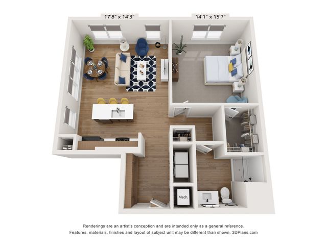 Modern open floor plan showcasing a spacious living area with a cozy seating arrangement, a stylish kitchen with breakfast bar, and a serene bedroom. Ideal for comfortable urban living.