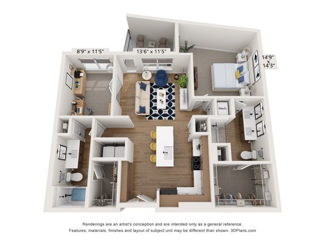 Modern 3D floor plan showcasing a stylish one-bedroom apartment with an open-concept living area, sleek kitchen with an island, and dual-sink bathroom. Includes a cozy workspace and private balcony, maximizing comfort and functionality.