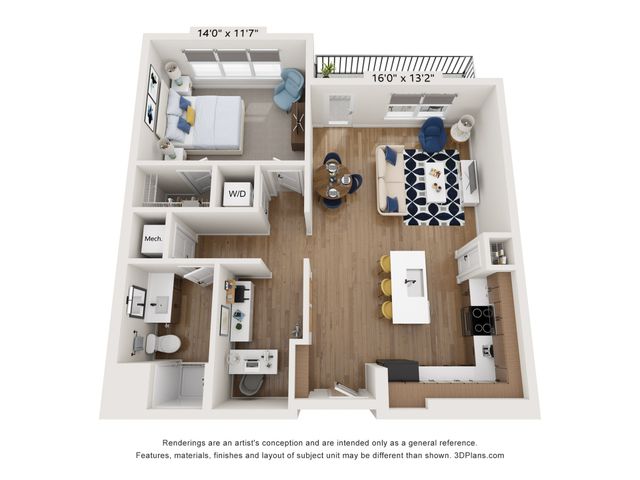 Modern 3D floor plan showcasing a cozy 1-bedroom apartment with open living and dining area, sleek kitchen, and a private balcony.