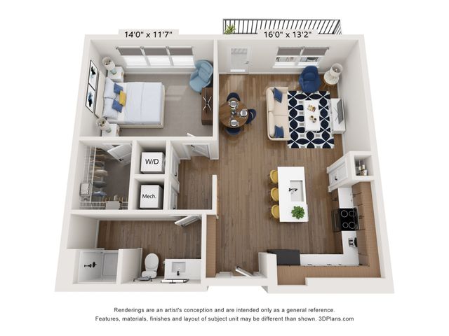 Charming 3D floor plan showcasing 1 bedroom with a walk-in closet, a modern open-concept kitchen, a cozy living area, and a private balcony.
