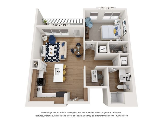 Chic 3D floor plan showcasing a modern 1-bedroom apartment with an inviting open-concept living area, stylish kitchen, and private balcony.