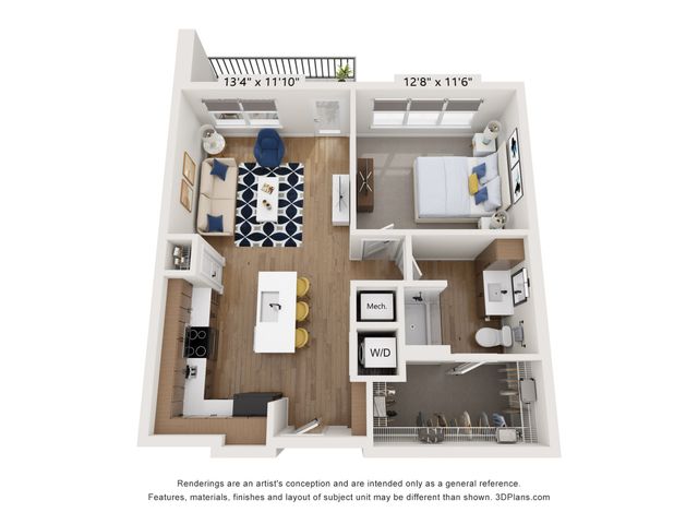 Chic 3D floor plan showcasing an open-concept living area with a balcony, modern kitchen, cozy bedroom, and spacious bathroom.