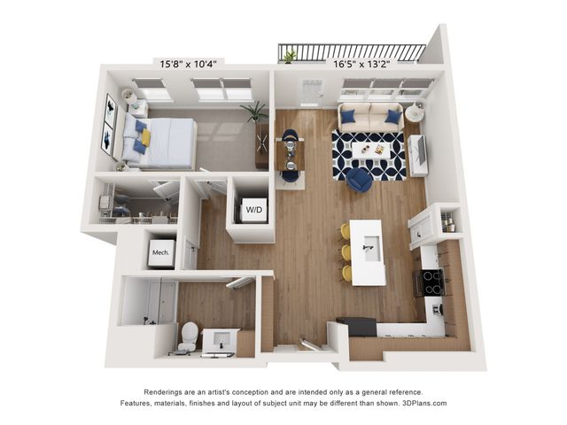 Modern 3D floor plan showcasing a spacious one-bedroom apartment with an open-concept living area, stylish kitchen, and private balcony.