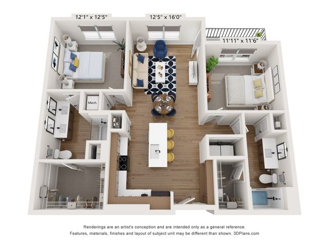 Modern 3D floor plan with two spacious bedrooms, a stylish open-concept living area, gourmet kitchen with an island, and a private balcony.