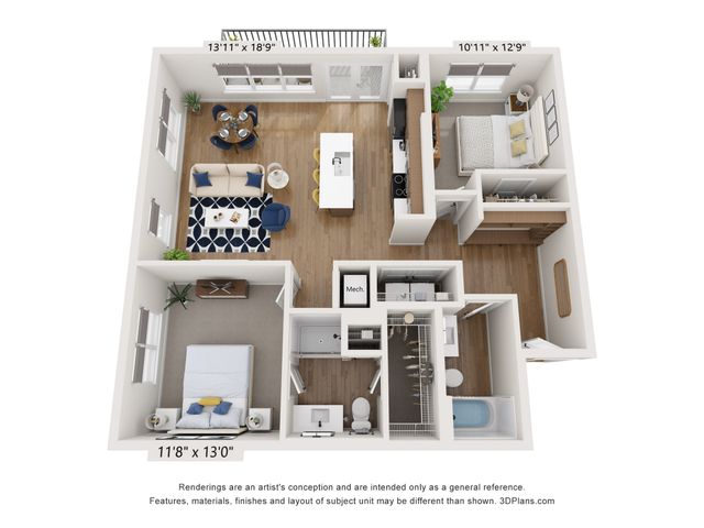 Modern 3D floor plan showcasing 2 spacious bedrooms, open-concept living and dining area, and a sleek kitchen, complete with a cozy balcony space.