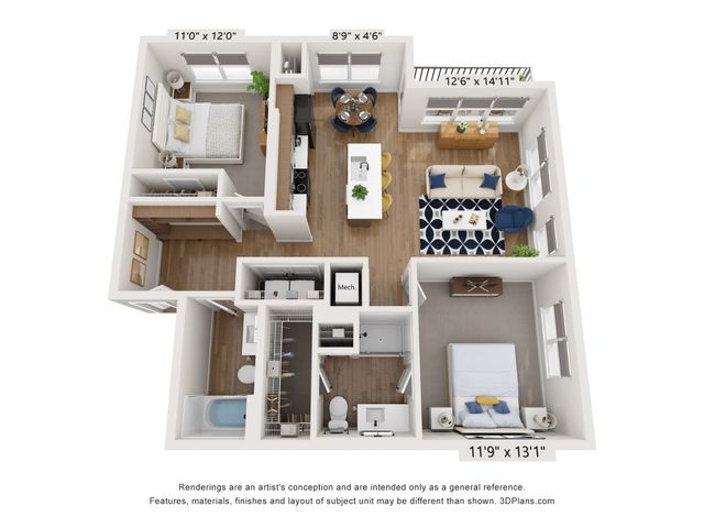 Modern 3D floor plan showcasing an elegant two-bedroom apartment with an open-concept living and dining area, stylish kitchen with an island, and spacious bedrooms with ample natural light.