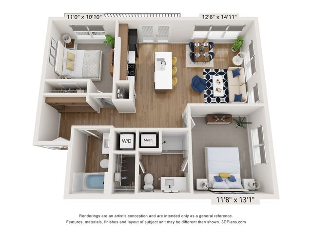 Modern 3D floor plan showcasing 2 bedrooms, an open living and dining area, sleek kitchen, and stylish decor with natural light.
