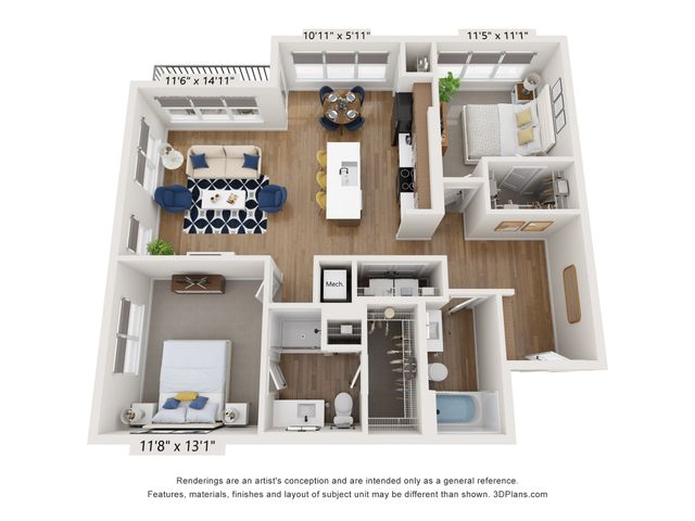 Modern 3D floor plan showcasing 2 spacious bedrooms, a cozy living area with elegant furnishings, an open dining space, and a well-equipped kitchen.