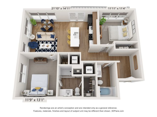 Modern open-concept floor plan showcasing 2 bedrooms, a stylish living area with dining space, and a sleek kitchen with central island.