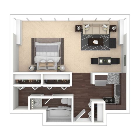 Modern studio apartment floor plan showcasing a spacious bedroom with en-suite bathroom, cozy living area, and sleek kitchen design.