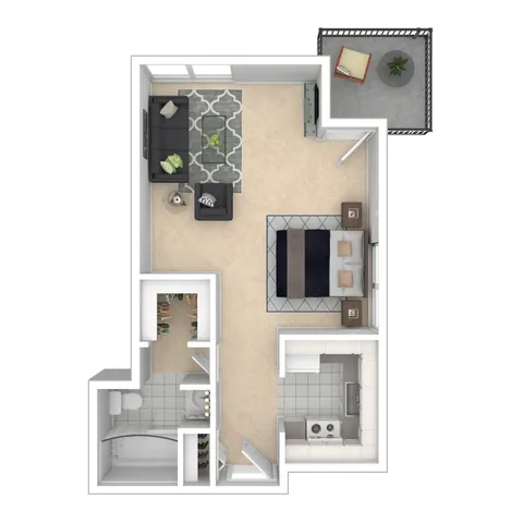 Modern studio apartment floor plan with a cozy living room, elegant kitchen, inviting bathroom, and private balcony.