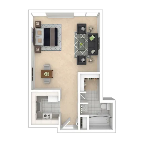 Modern studio apartment floor plan with open living area, kitchen, and elegant bathroom.