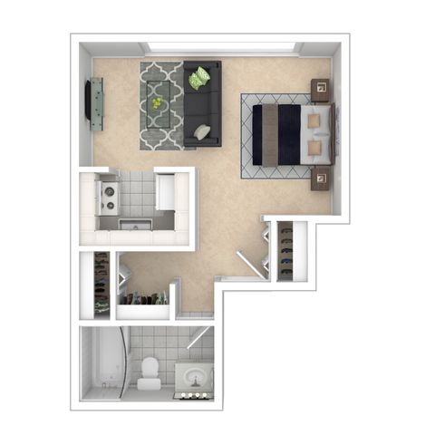 Charming floor plan showcasing a studio apartment with an open living area, cozy kitchen, and modern bathroom.