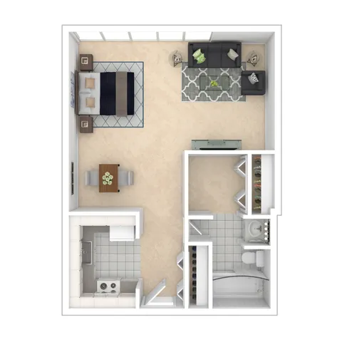 Chic studio apartment floor plan with an inviting living area, modern kitchen, and elegant bathroom.