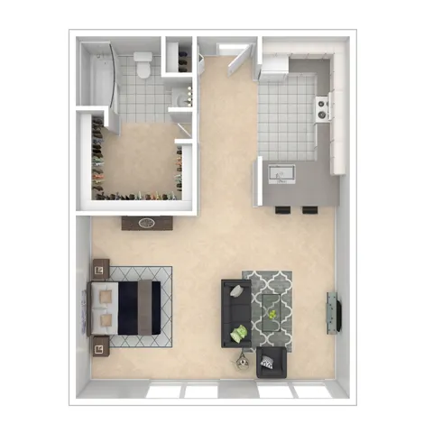 Bright and airy studio floor plan featuring an open-concept living area, modern kitchen, and spacious bathroom with walk-in closet.