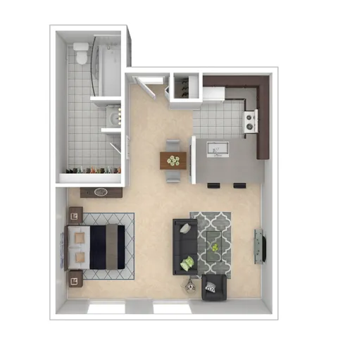 Chic studio apartment floor plan featuring open-concept living and dining area, modern kitchen, and elegant bathroom.