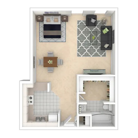 Cozy studio floor plan featuring an open-concept living and dining area, modern kitchen, and inviting bathroom.