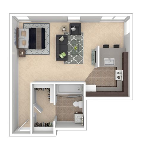 Modern open-layout floor plan featuring a spacious bedroom, cozy living room, stylish kitchen with breakfast bar, and a well-appointed bathroom with ample storage space.