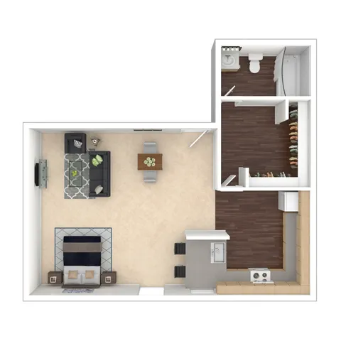 Modern floor plan featuring an open-concept living and dining area, sleek kitchen, cozy bedroom, and stylish bathroom with ample closet space.