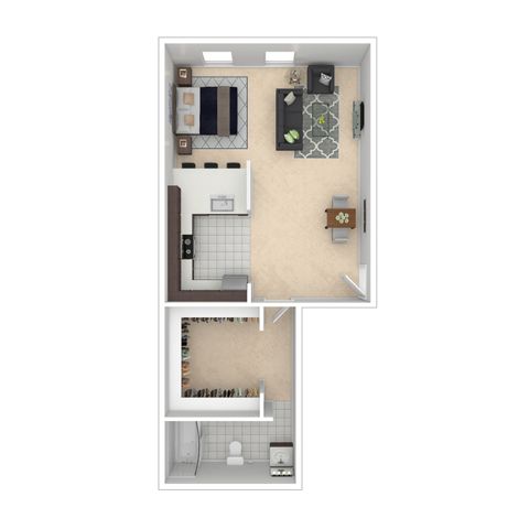 Modern studio floor plan showcasing an open-concept living space, stylish kitchen, and cozy bedroom. Features ample closet space and a sleek bathroom design.
