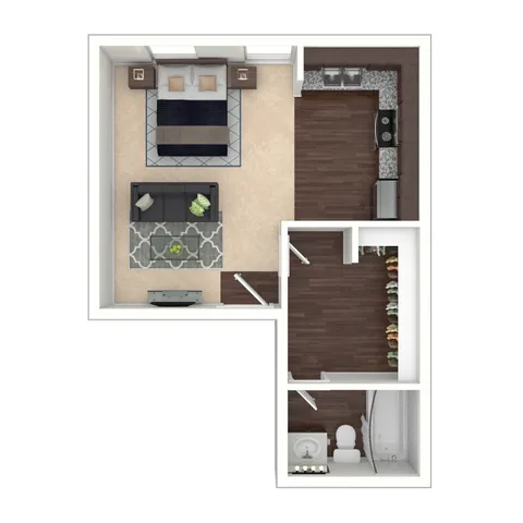 Modern studio apartment floor plan with a cozy bedroom area, stylish open kitchen, inviting living space, and compact bathroom.