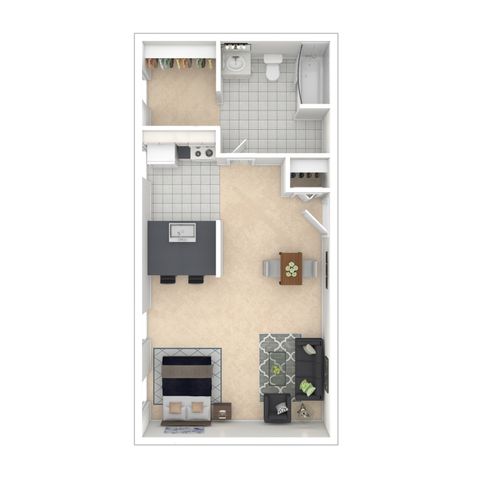Modern open-concept floor plan featuring a cozy bedroom, stylish kitchen, spacious living area, and elegant dining space.