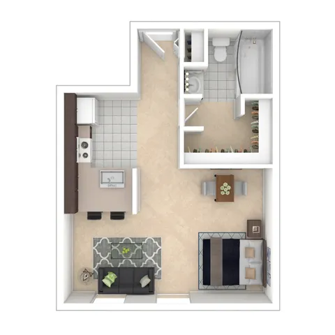 Modern studio apartment floor plan featuring an open kitchen with an island, cozy living space, spacious bathroom, and convenient walk-in closet.
