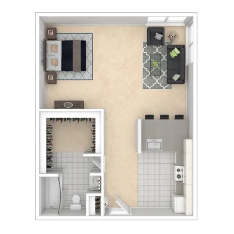 Modern open-concept floor plan showcasing a cozy bedroom, stylish living area, sleek kitchen with bar seating, spacious bathroom, and walk-in closet.