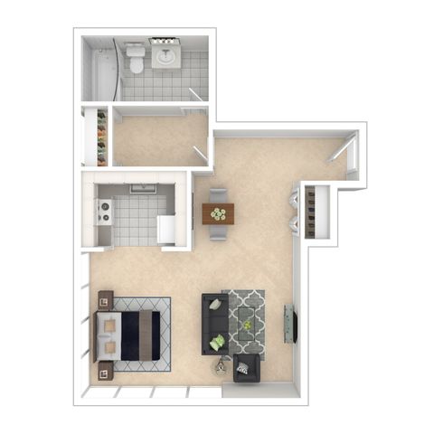Charming floor plan showcasing a spacious studio layout with an open-concept living area, modern kitchen, and cozy dining space.