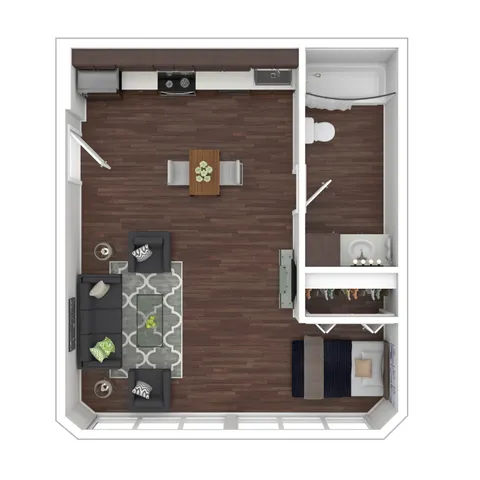 Modern 3D floor plan featuring a cozy open-plan living area, sleek kitchen, and stylish bathroom adjacent to a tranquil bedroom.