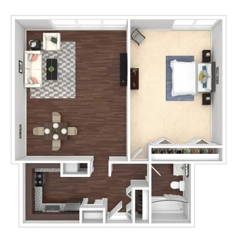 Chic modern floor plan showcasing an open living and dining area, cozy bedroom, and sleek kitchen in a compact layout.