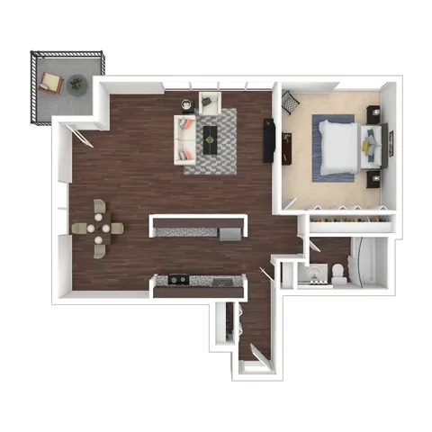 Modern floor plan showcasing a spacious one-bedroom apartment with open-concept living and dining area, stylish kitchen, and private balcony.