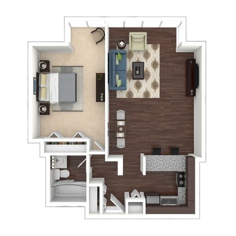 Modern 3D floor plan featuring a spacious bedroom, open-concept living and dining area, and a sleek kitchen with a breakfast bar.