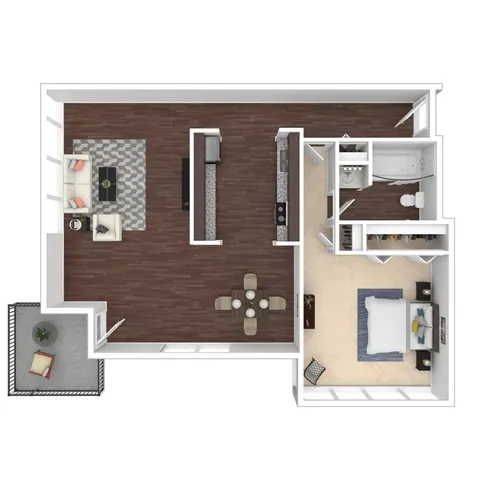 Modern 3D floor plan featuring an elegant one-bedroom layout with spacious living area, stylish kitchen, and cozy balcony.
