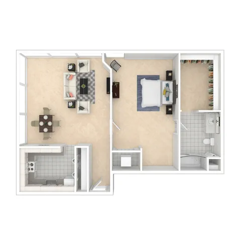 Modern 1-bedroom apartment floor plan featuring an open living and dining area, sleek kitchen, spacious bathroom, and a large walk-in closet.