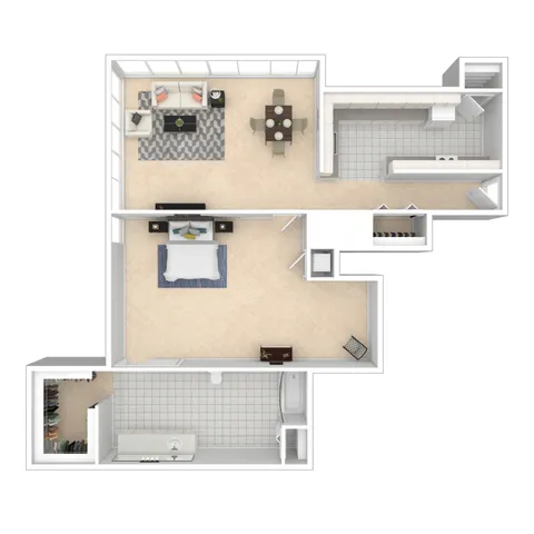 Modern 1-bedroom apartment floor plan with an open-concept living and dining area, stylish L-shaped kitchen, spacious bathroom, and walk-in closet.