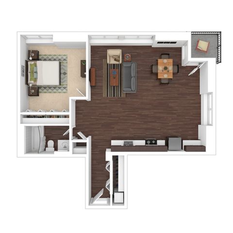 Beautiful open-concept floor plan showcasing 1 bedroom, modern kitchen, spacious living area, and private balcony.
