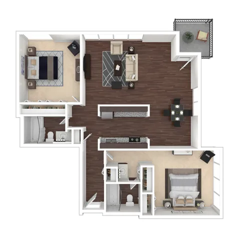 Chic 3D floor plan showcasing 2 spacious bedrooms, open living area with modern flooring, sleek kitchen, and private balcony.