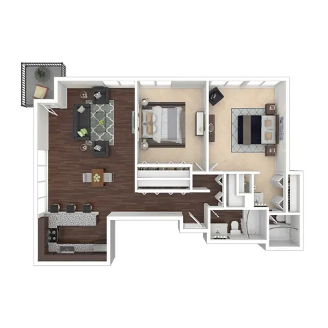 Elegant floor plan showcasing 2 bedrooms, a modern kitchen, and a cozy living area with sleek hardwood flooring.