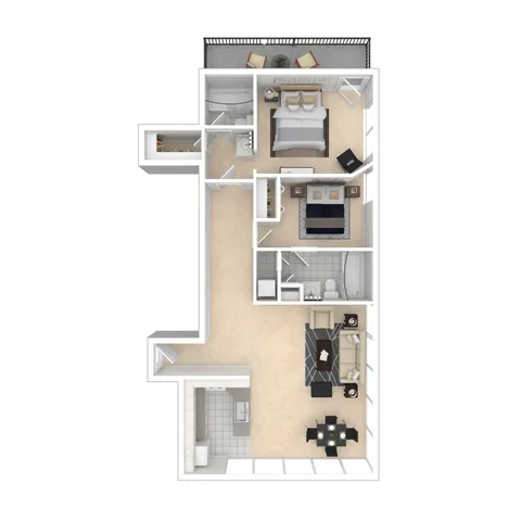 Chic floor plan showcasing two bedrooms, a spacious living area, well-appointed kitchen, and an elegant bathroom, perfect for modern living.