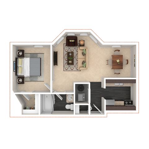 Elegant 3D floor plan showcasing a spacious one-bedroom apartment with open-concept living and dining areas, modern kitchen, and luxurious bathroom.