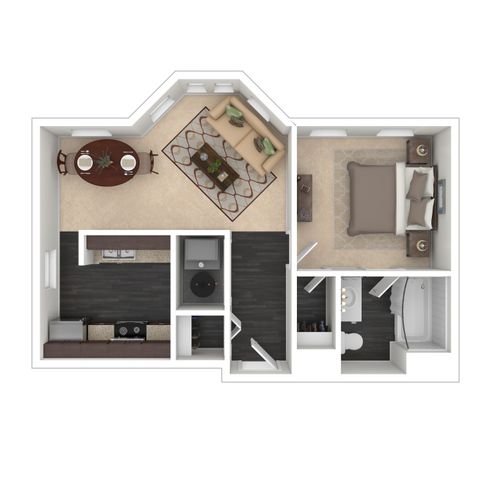 Modern 2D floor plan featuring a cozy bedroom, elegant living area, sleek kitchen, and stylish bathroom layout.