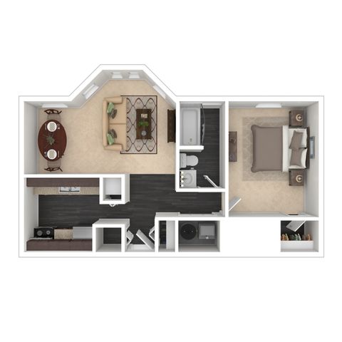 Modern 3D floor plan featuring a cozy one-bedroom layout with open living space, elegant dining area, and a stylish kitchen.