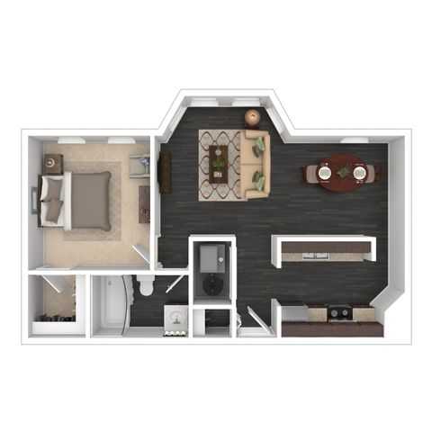 Modern 1-bedroom apartment floor plan with a cozy living area, elegant dining space, and efficient kitchen layout.