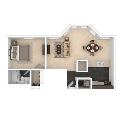 Charming 1-bedroom apartment floor plan with open living and dining area, modern kitchen, and stylish bathroom.