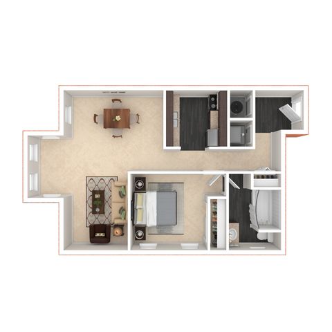Chic 1-bedroom floor plan with open living area, cozy kitchen, and elegant bathroom layout.