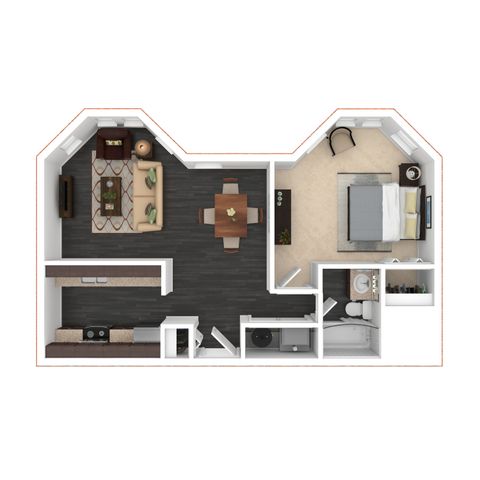 Modern 1-bedroom apartment floor plan with open-concept living and dining area, and a sleek kitchen layout.
